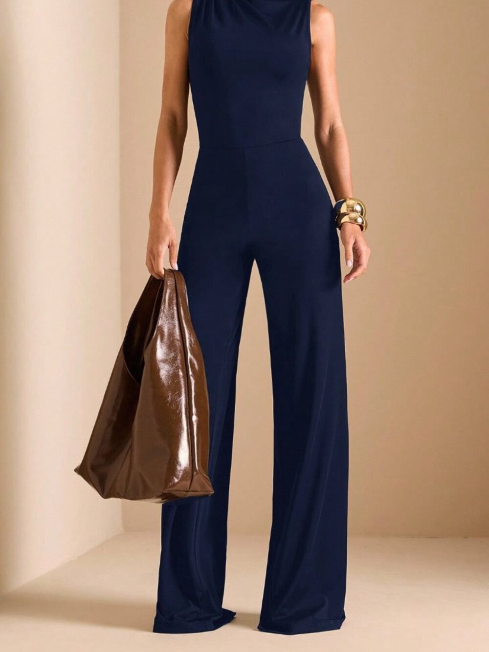 Navy Blue Elegant Women's Asymmetric Ruched Wide Leg Jumpsuit